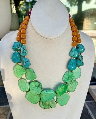 Barse NWT Chunky Lime Green, Turquoise & Orange Jasper 18  Statement Necklace