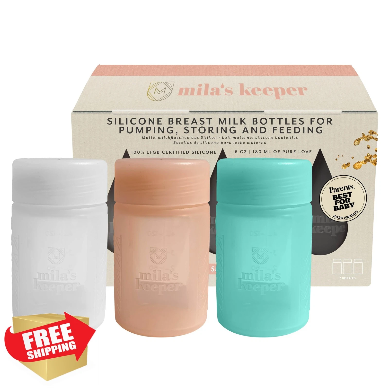 Mila's Keeper Silicone Milk Storage Bottles Multi-Color Wide Neck 3 Pcs