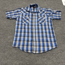 Plains Western Wear Shirt Mens Size LT Blue Plaid Short Sleeve Snap Tall Fit