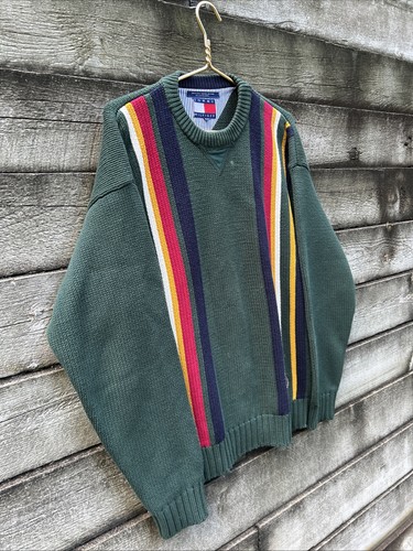 Maglione Tommy Hilfiger vintage logo a righe colorblock 100% cotone XL VECCHIO LOGO RARO - Foto 9 di 24