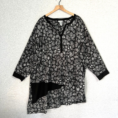 Catherines Assymmetric Tunic Top Blouse Womens 4X 30/32W Black White Flowy