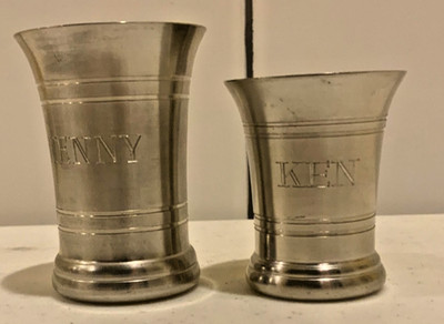 Lot of 2 German Pewter Shot Glasses Engraved  2  to 2.5 