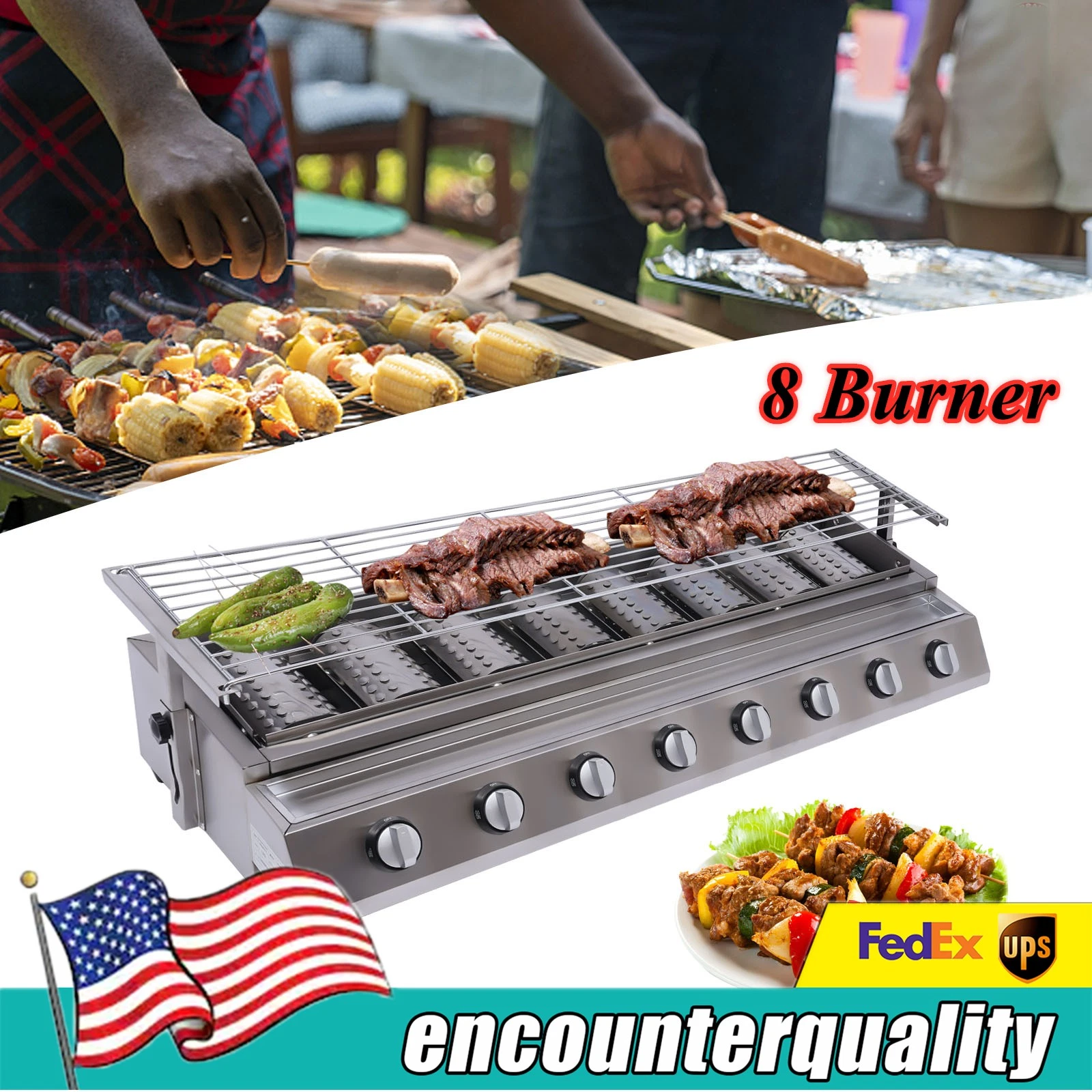 8 Burner BBQ Gas Grill Stainless Steel LPG Tabletop Gas Grill with Steel Shield