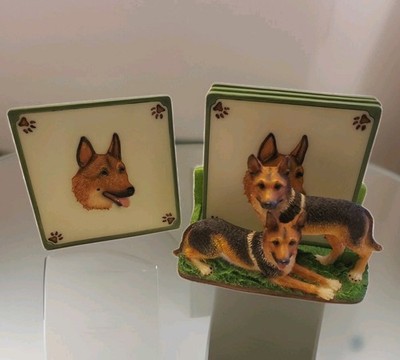 German Shepherd Coaster Set 4 Coasters with 3D Holder Handpainted    