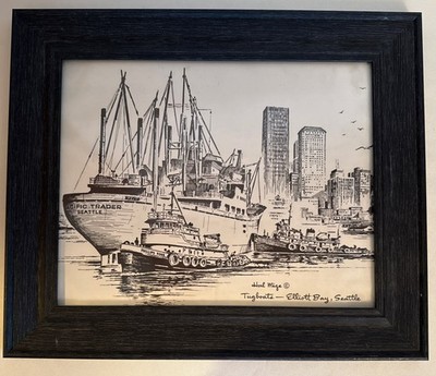 Seattle Elliott Bay Hal Mize Etching FramedVintage Pacific Trader Phillips Foss