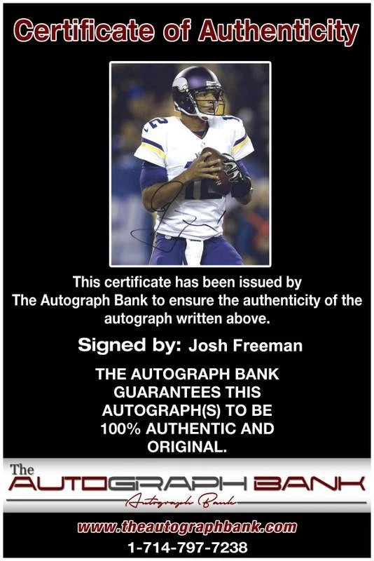 Foto firmada por Josh Freeman de fútbol americano NFL 8x10 con certificado autografiado (A0651 Foto 2 de 2