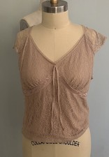 Beige Lace Cap Sleeve V-Neck Baby Doll Bow Accent Blouse