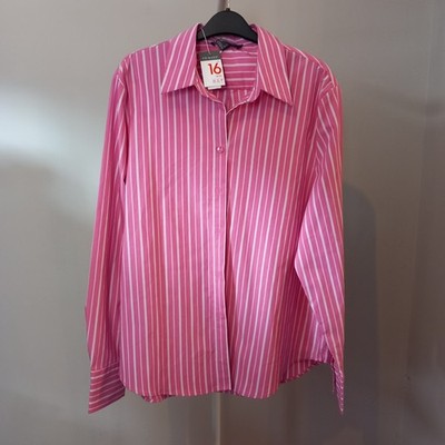 Primark rosa Stretch-Blusenshirt Damen NEU Langarm gestreift UK Größe 16 neu mit Etikett