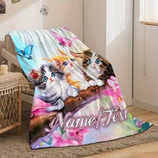 Personalized Kitten  Floral Blanket, Soft Flannel Throw with Adorable Cat  B