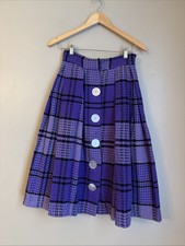Purple Plaid Vintage Wool Blend  Skirt Full Large Buttons Pleated