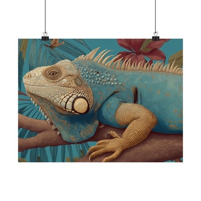 Turquoise Iguana poster Matte Horizontal Poster  Reptile Wall Art Tropical
