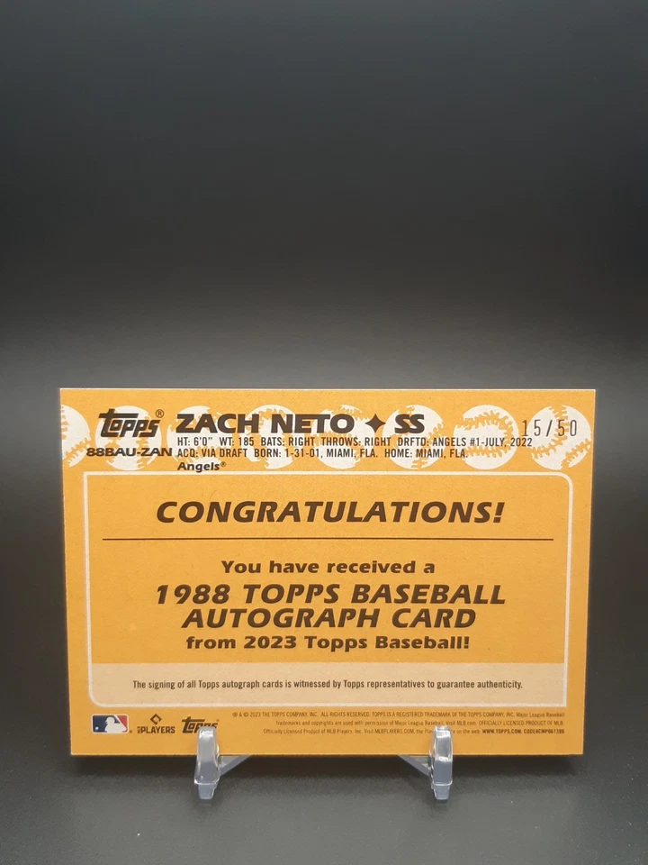 2023 Topps Zach Neto Auto RC 1988 Gold /50 Angels 88BAU-ZAN Rookie - Image 2 of 2