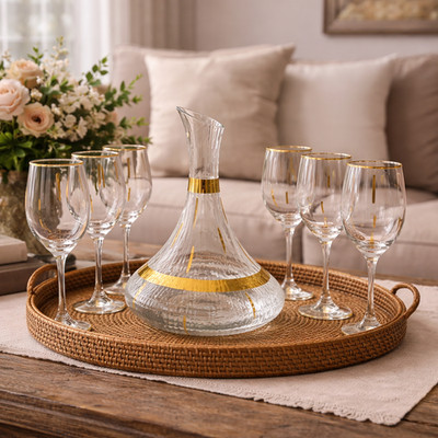 7-teiliges Glas Wein Set Goldrand Karaffe & 6 Kelche Elegant Barware Geschenkset