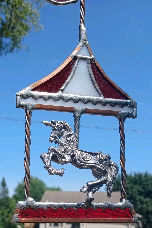 Vtg Stained Glass Carousel Horse Suncatcher Twisted Metal Frame Whimsical 9"