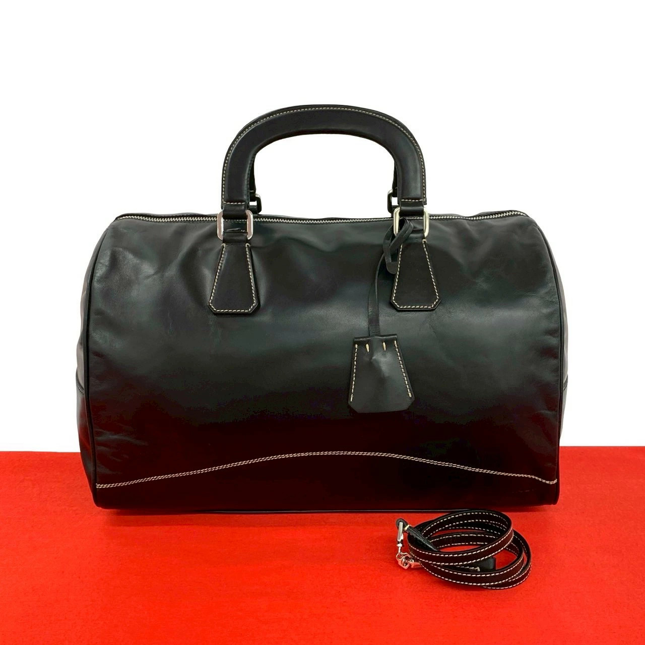 Extremely Rare Item Prada Logo Metal Fittings Stitch Leather Genuine 2