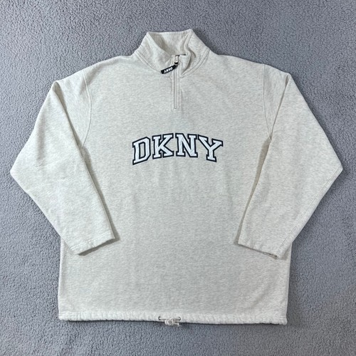 DKNY, DKNY Quarter Zip Pullover Men XL Oatmeal Vintage Logo Fleece Sweatshirt