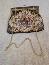 Purse Evening Clutch Bag Tapestry Gold Chain Vintage Style Black Interior Back