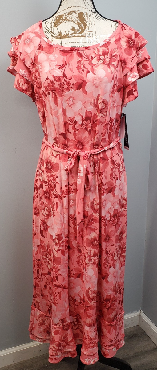 Perceptions Chiffon Maxi Dress Womens Large Pink Floral Ruffle Sleeve Tie  Waist