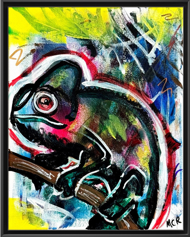 Original Signed Basquiat Style Graffiti Chameleon Mixed Media Art Painting 11x14