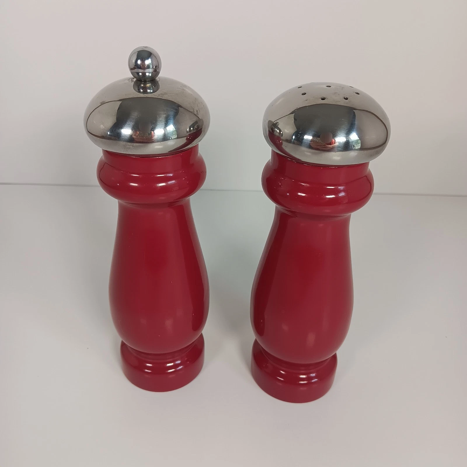 Red Salt Shaker and Pepper Mill Set Stainless Steel, Unmarked