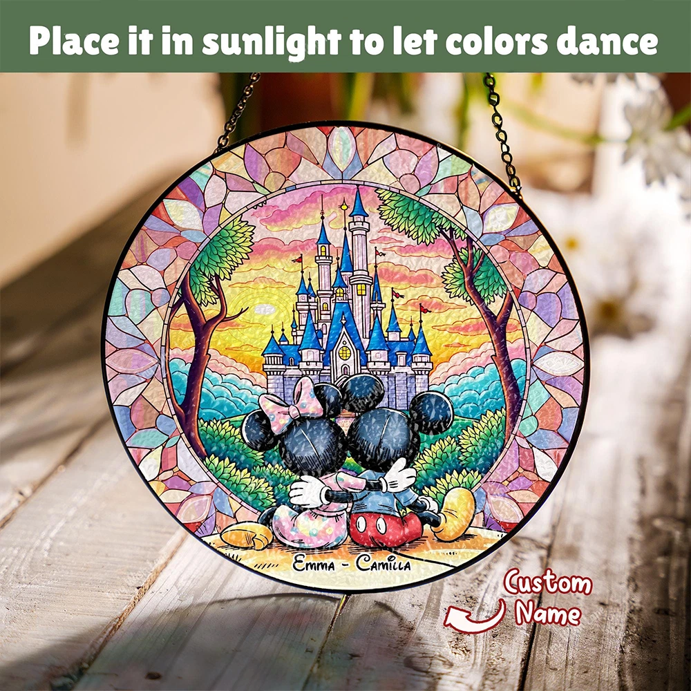 Personalized Mickey Mouse Stained Glass Suncatcher, Custom Couple Name Disney
