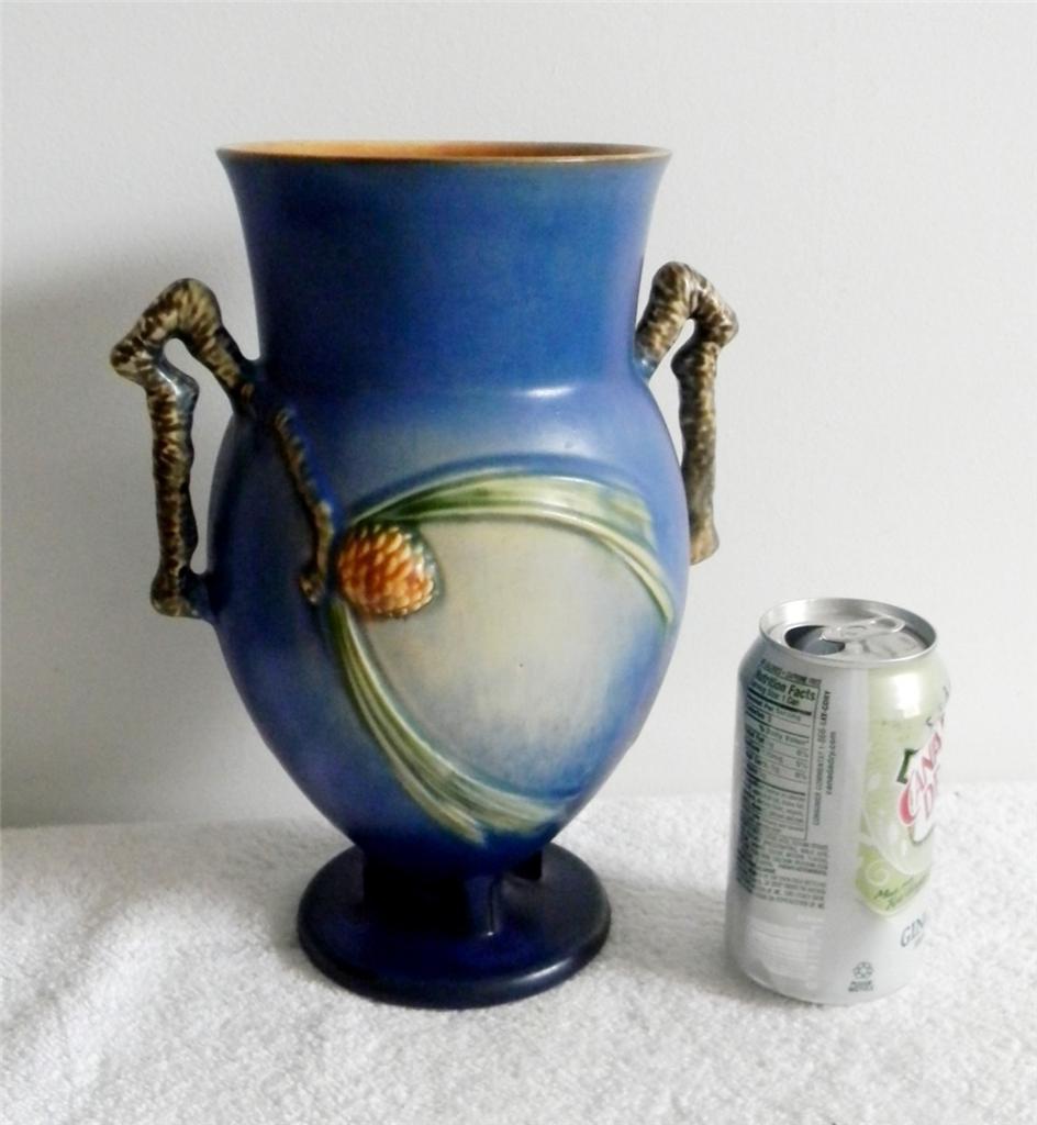 Roseville pinecone vase in blue color double handles eBay
