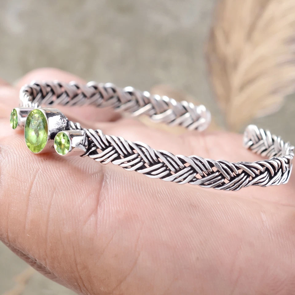Green Peridot Cut Gemstone Bangle 925 Sterling Silver Handwork Gift Bracelet - Image 2 of 4