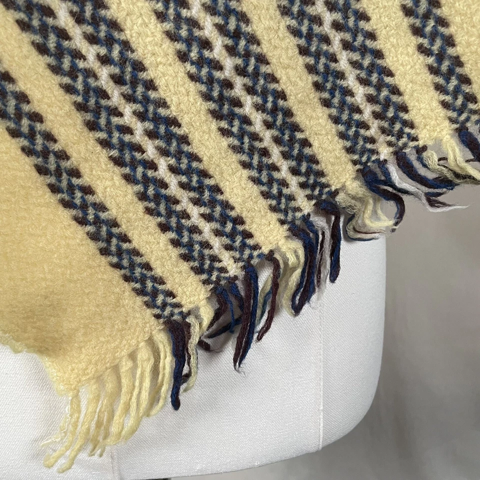Short Scarf Vintage Yellow and Blue Striped 21" Neck Scarf with Fringe - Image 4 of 4