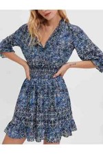 Maje Mfpro02415 Printed Viscose Dress With Smocking In Indigo Eu 36 Us 6 Rt $385