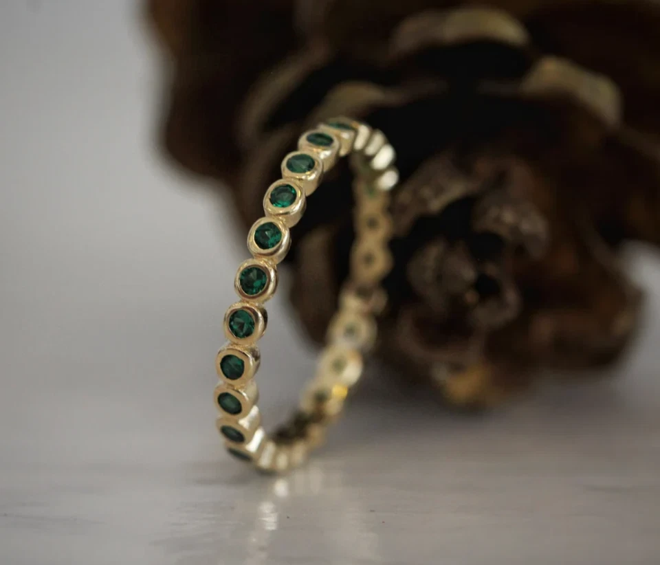 Genuine Emerald Eternity Band Ring Gold Emerald Engagement Ring Silver Jewelry - Image 4 of 4