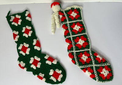 Crocheted Granny Square Pattern 20'' Christmas Stocking Green Red White Set of 2