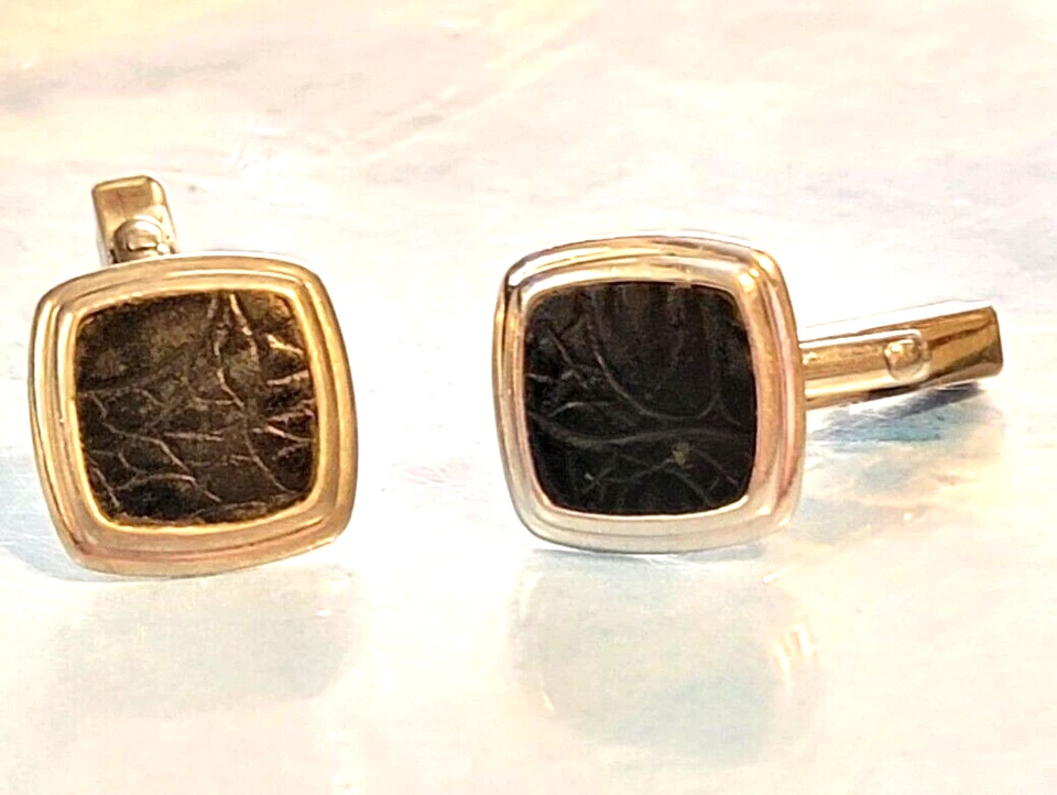 Vintage Swank Black  & Silver Cufflinks,  Embossed Leather Cuff Links cl- - Image 2 of 4