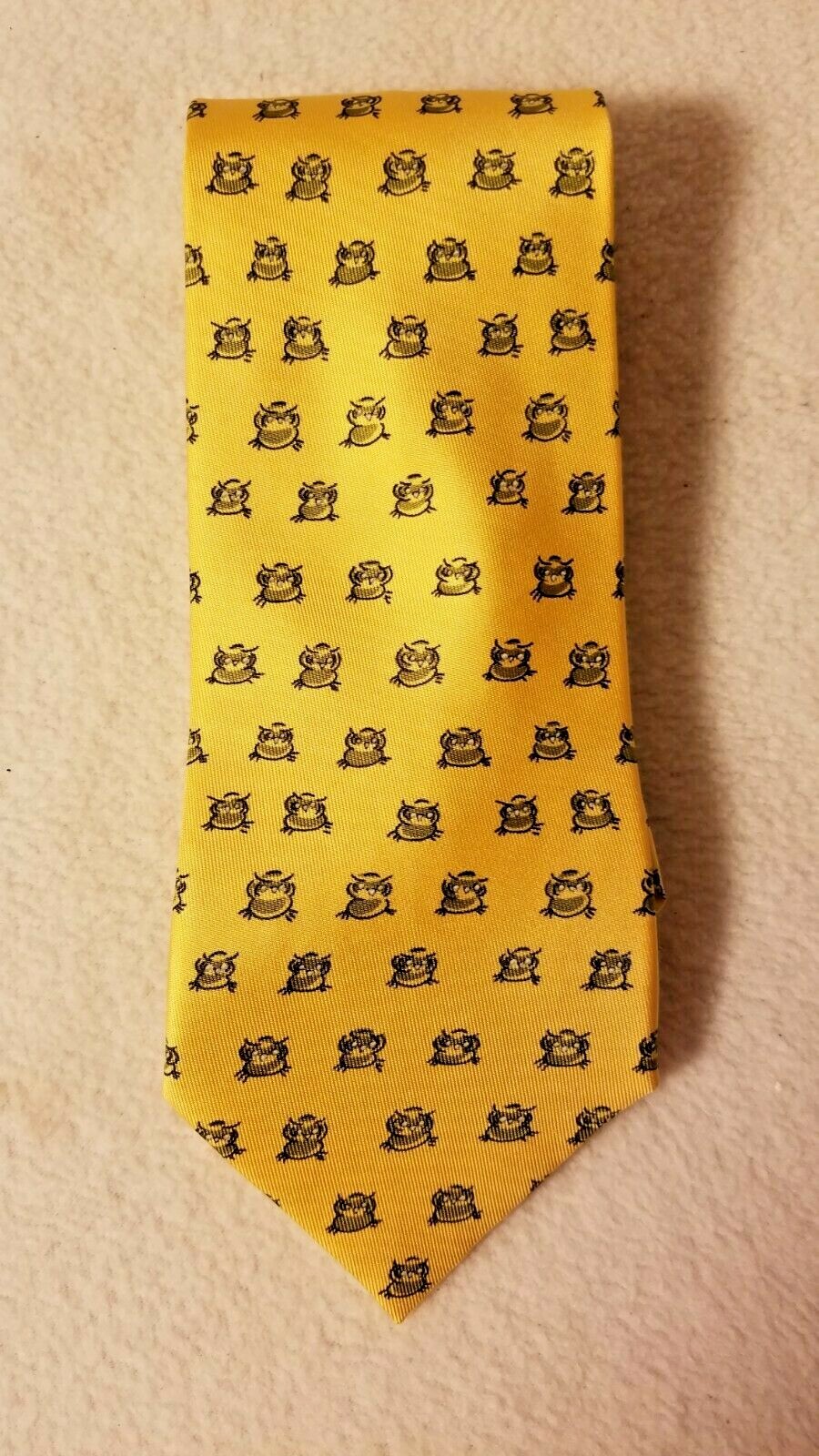Vintage Hermes French Silk Tie-Hermes Wise Owl Print Mostly Yellow