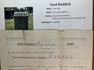 Vintage 1888 NASHVILLE, TN Document - "MAGISTRATES WARRANT" - Mr. Ford Reddick