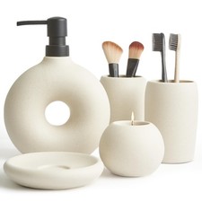Terramoza Ceramic Bathroom Accessory Set, 5 Pcs - Soap Dispenser 16 Oz, Beige