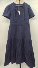 Quince Women 100% Organic Cotton Poplin Tiered Maxi Dress Navy Basic Sleeved XL
