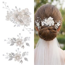 3 Pcs Wedding Hair Clip, Bridal Hair Piece with Ivory Flowers Silver Vines,...