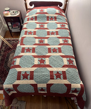 HANDCRAFTED Quilt 90 x 74 Red Stars Tan Teal Blue L 90 W 74