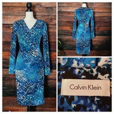 Calvin Klein Faux Wrap Dress 2 Blue Ocean Spray Long Sleeve Ruched Zip Back