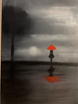 Red Umbrella   10x30 Original Acrylic | Monochrome Landscape with Pop of Color