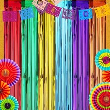 2Pack Mexican Fiesta Foil Fringe Curtains Backdrop,Cinco De Mayo Decors,3.3x6...