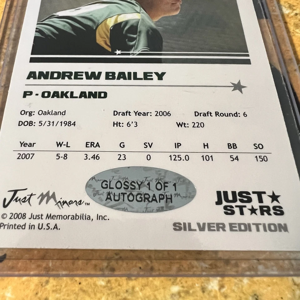 2008 Just Stars Andrew Bailey Silver Glossy 1/1 Autograph Oakland Athletics - Image 3 of 3