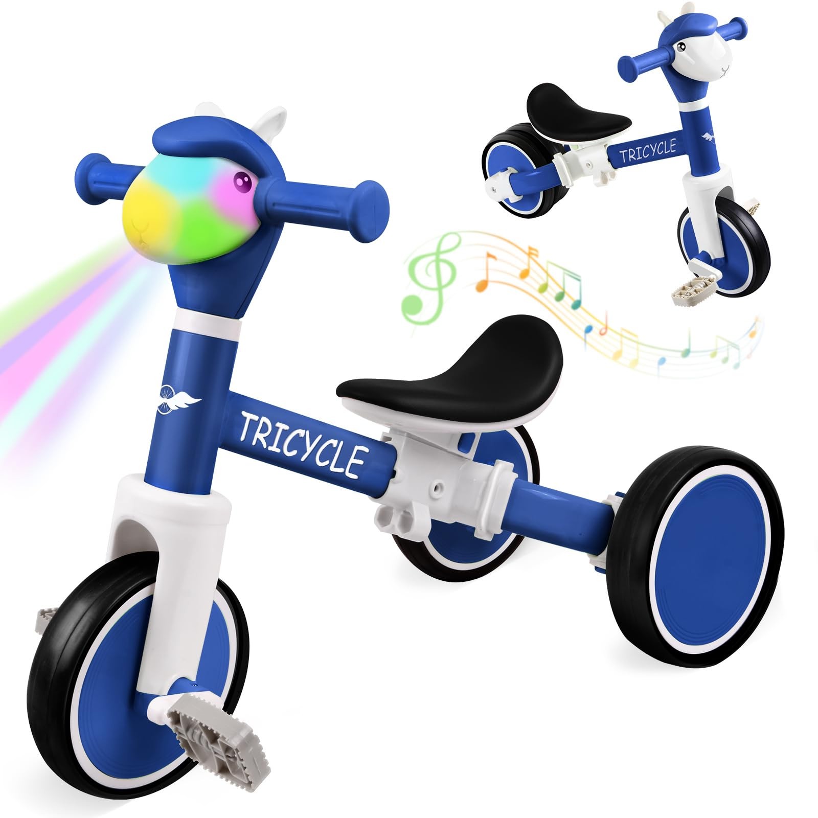Balance Bike with Light & Music, Tricycle for Toddlers 1-5 Year Olds, Tricycl...