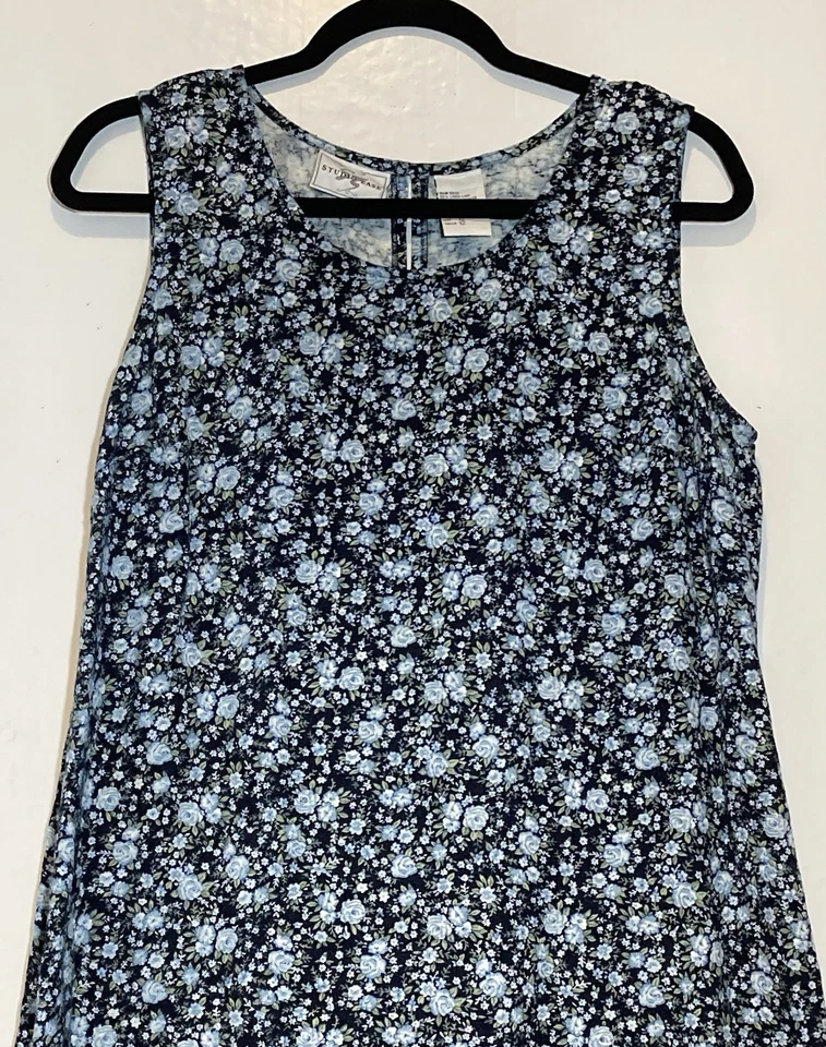 Maxi Vestido Vintage Studio Ease Azul Ditsy Floral Mezcla de Lino Cottagecore Talla 12 Foto 2 de 4