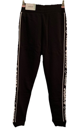 Justice Girls Fleece Joggers Black 10 Logo Side Stripes Zipper Slant Pockets - Picture 4 of 11