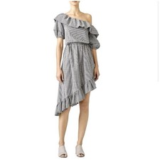 LoveShackFancy Haley Ruffle Gingham Plaid Women One Shoulder Cotton Midi Dress S