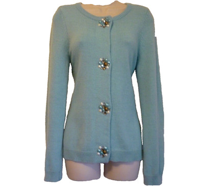 Womens Medium light blue Angora rabbit hair wool jewelry button cardigan sweater