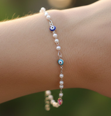 Elegant Boho Nazar Bracelet | Silver Tone Adjustable Bracelet with Pearl Beads