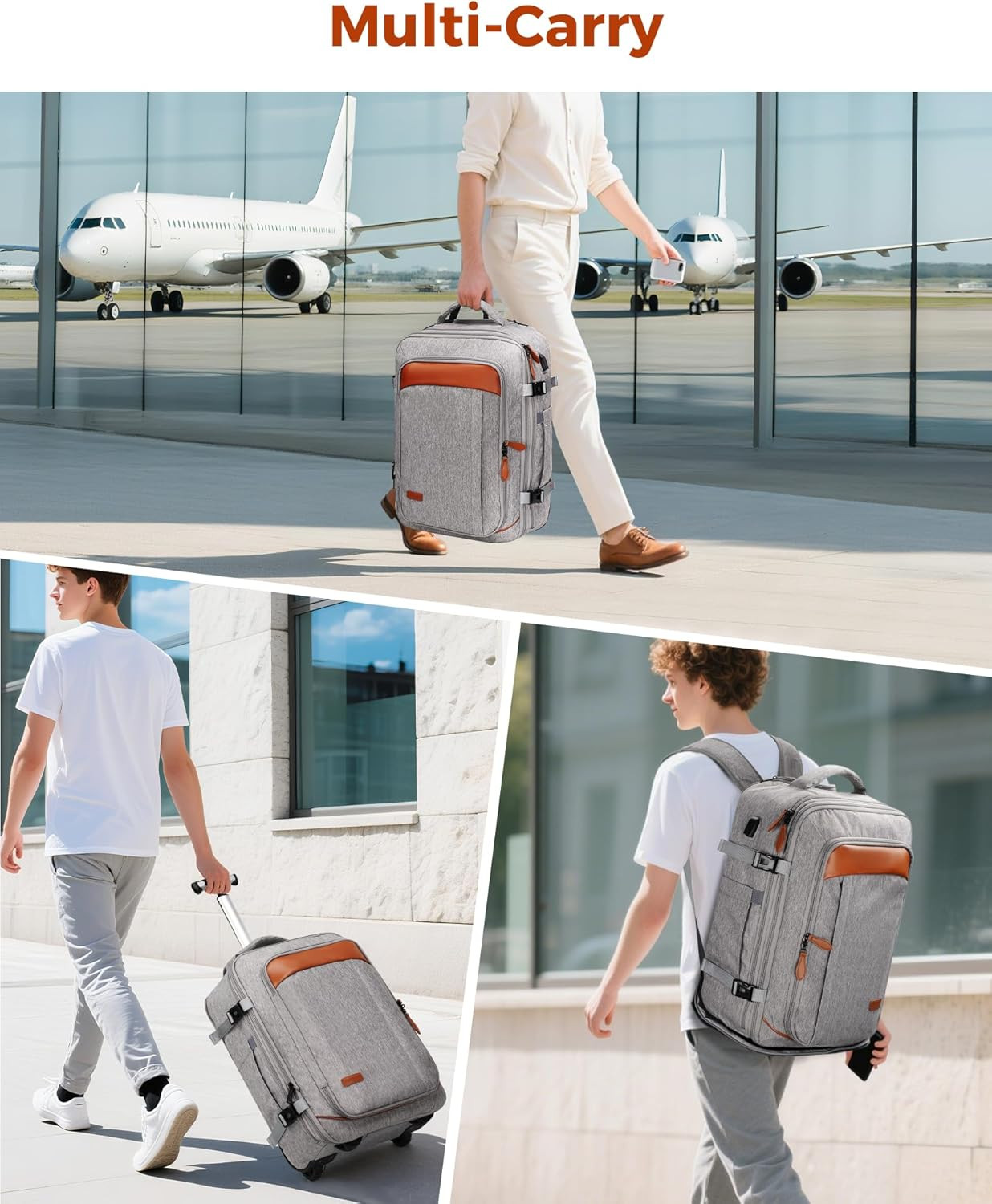 Expandable Rolling Backpack with Wheels & USB Port, Grey, 3 Packing Cubes