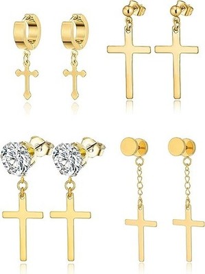 Aretes De Cruz Para Hombre Oro De Aro De Cruzada Inoxidable CZ Stud Tono dorado